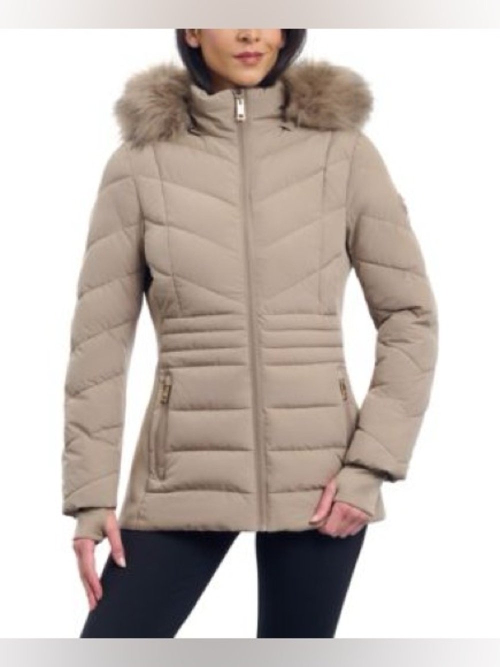 Michael Kors Sz Lg Women's Faux-Fur-Trim Hooded Puffer Coat